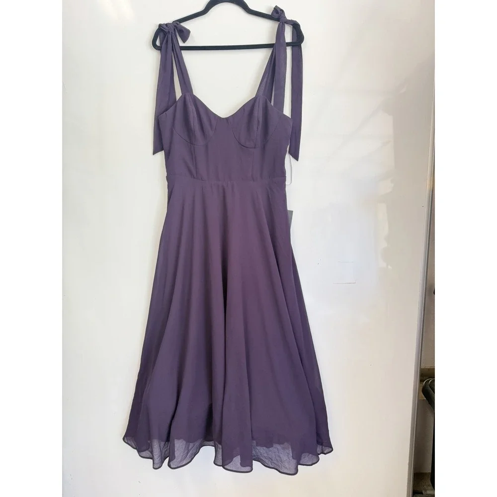 Elegant Purple Midi Dress with Tie-Shoulder Detail - Chic Flowy A-Line Style